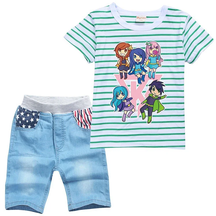 Girls Itsfunneh Anime Print Kids Striped T Shirt Denim Shorts Suit-Mayoulove
