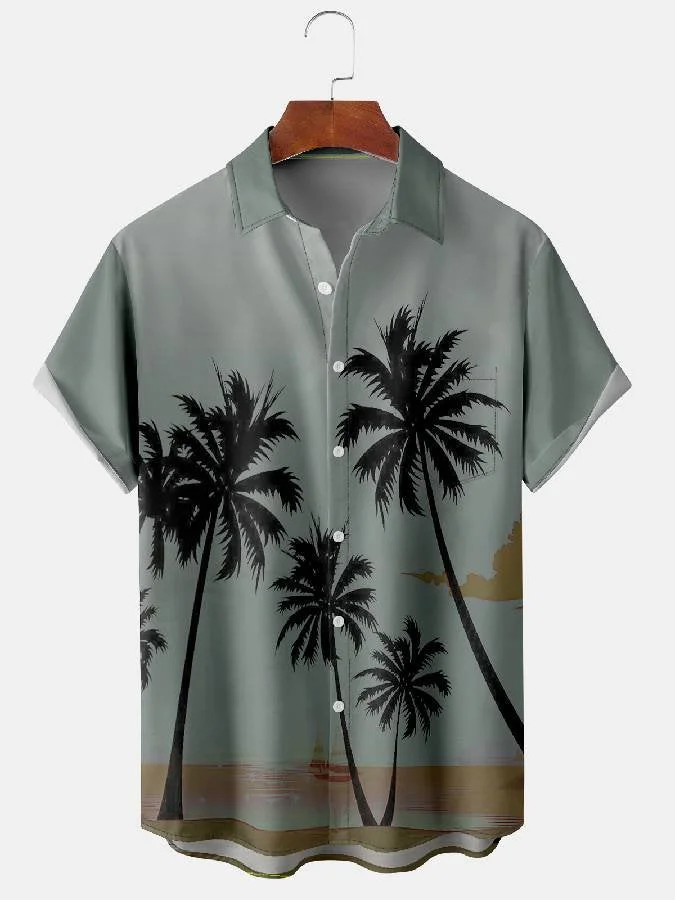 Men's Leaf Print Moisture Wicking Fabric Fashion Hawaiian Lapel Short Sleeve Shirts