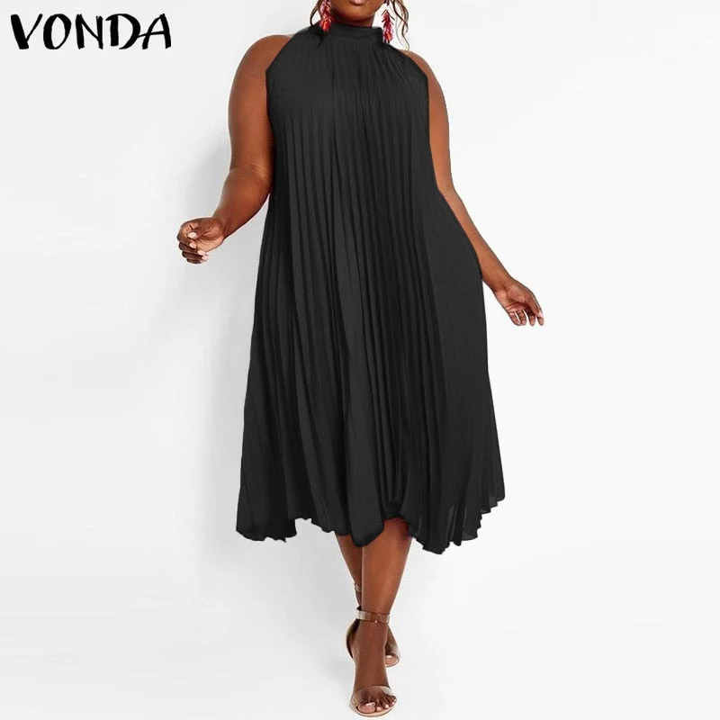 Elegant Satin Slik Dress Women Sexy Sleeveless Stand Collar Evening Party Long Dresses 2022 VONDA  Beach Sundress Casual Vestido