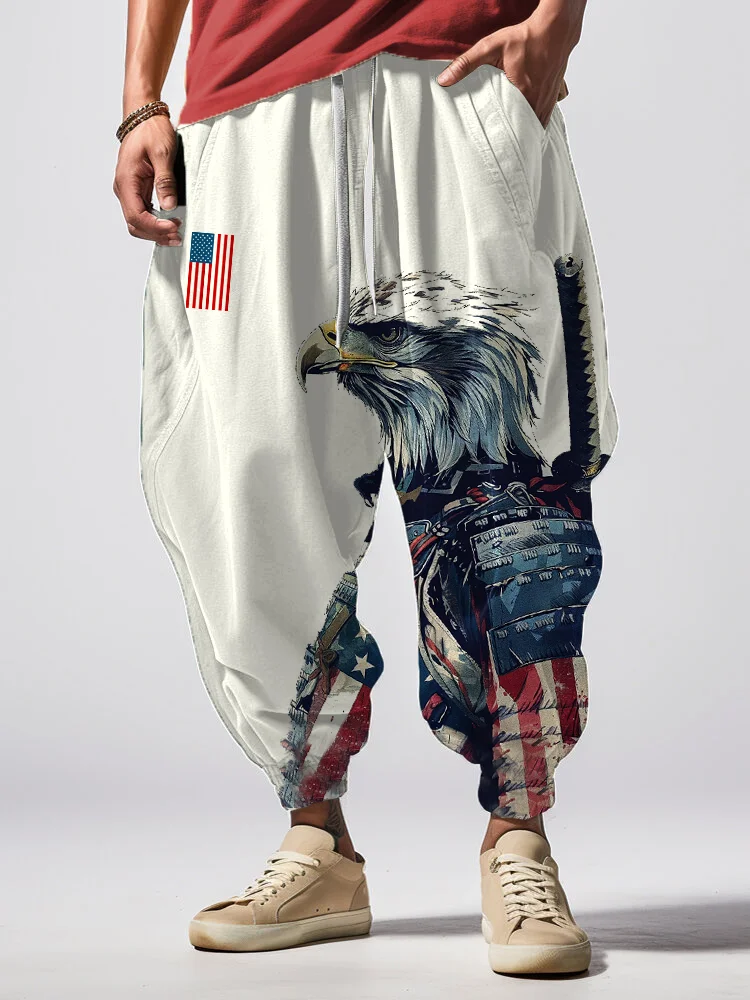 Men's Fun American Flag Eagle Warrior Art Loose Drawstring Waist Sweatpants