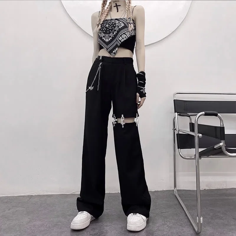 Budgetg Harajuku Hollow Out Wide Leg Pants Women Chain High Waist Straight Trousers Spring Hip Hop Streetwear All Match Trousers