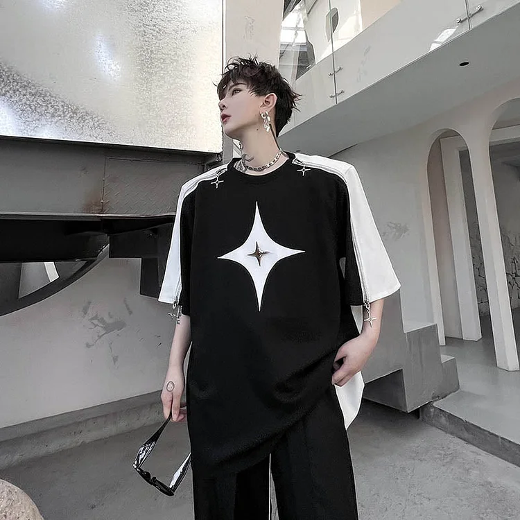 Dawfashion Techwear Streetwear-Summer Niche Structural Design With Shoulder Pads In Black And White Contrasting Short Sleeves-Streetfashion-Darkwear-Techwear