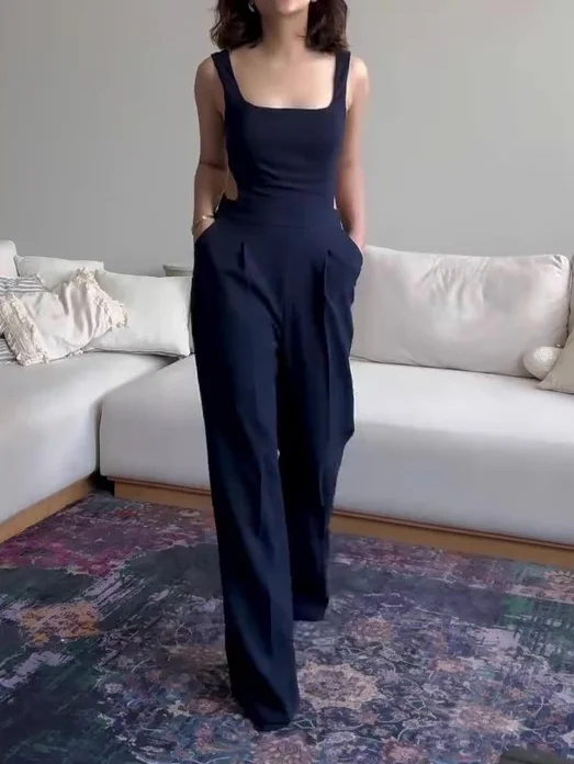 Navy Blue Waist-baring Suspender Jumpsuit