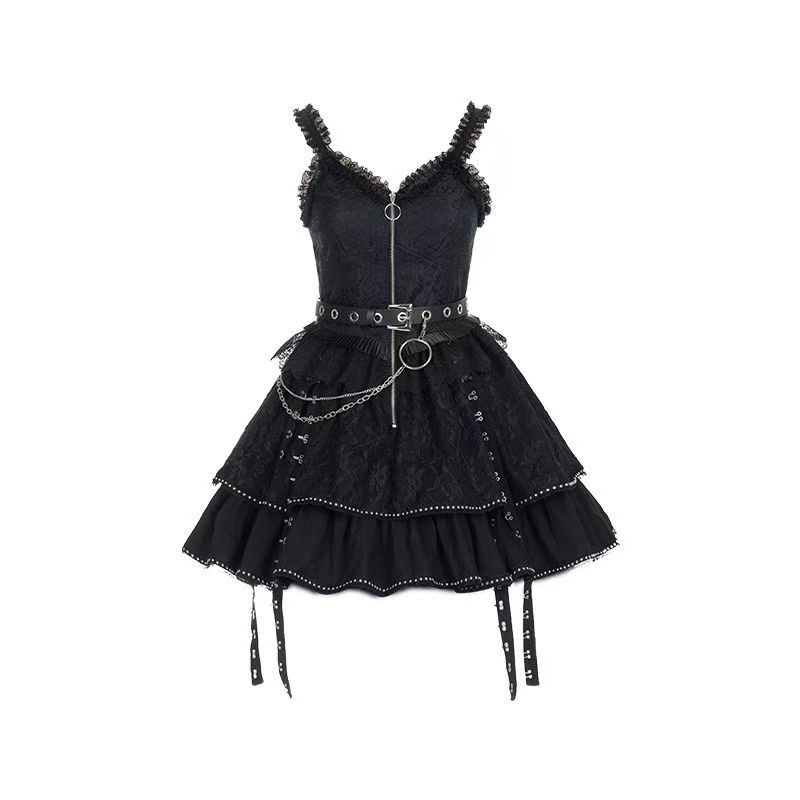 Gothic Punk Black Sleeveless Ruffle Waist Chain Zipper Polyester Lolita Skirt