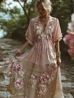 French Romantic Bohemian Style Patchwork Plaid Rose Dress
