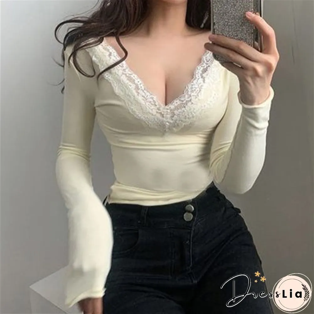 Y2K Sweet Style Women Deep Neck Skinny Korean Tee Fashion Long Sleeve T-Shirt Autumn