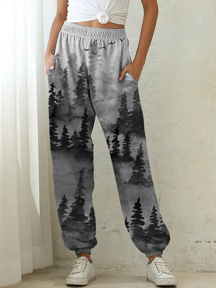 Wearshes Forest Landscape Watercolor Art Casual Sweatpants
