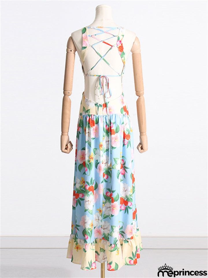 Women's Crew Neck Back Lace-up Floral Bohemian Dress