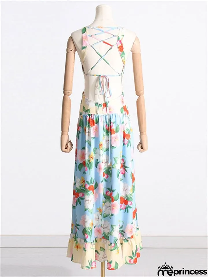 Women's Crew Neck Back Lace-up Floral Bohemian Dress