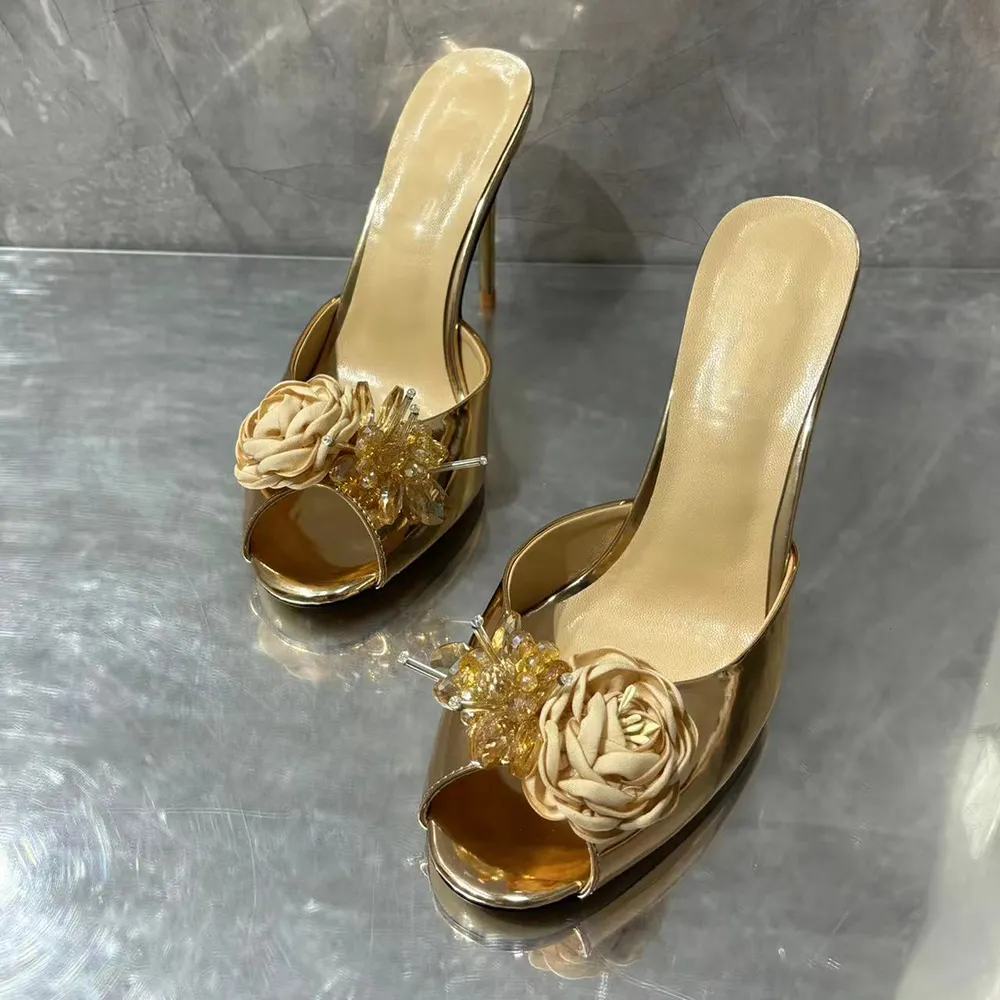 Women's 100mm High Heels Elegant Gold Floral Mules Sandals Stilettos For Wedding Party