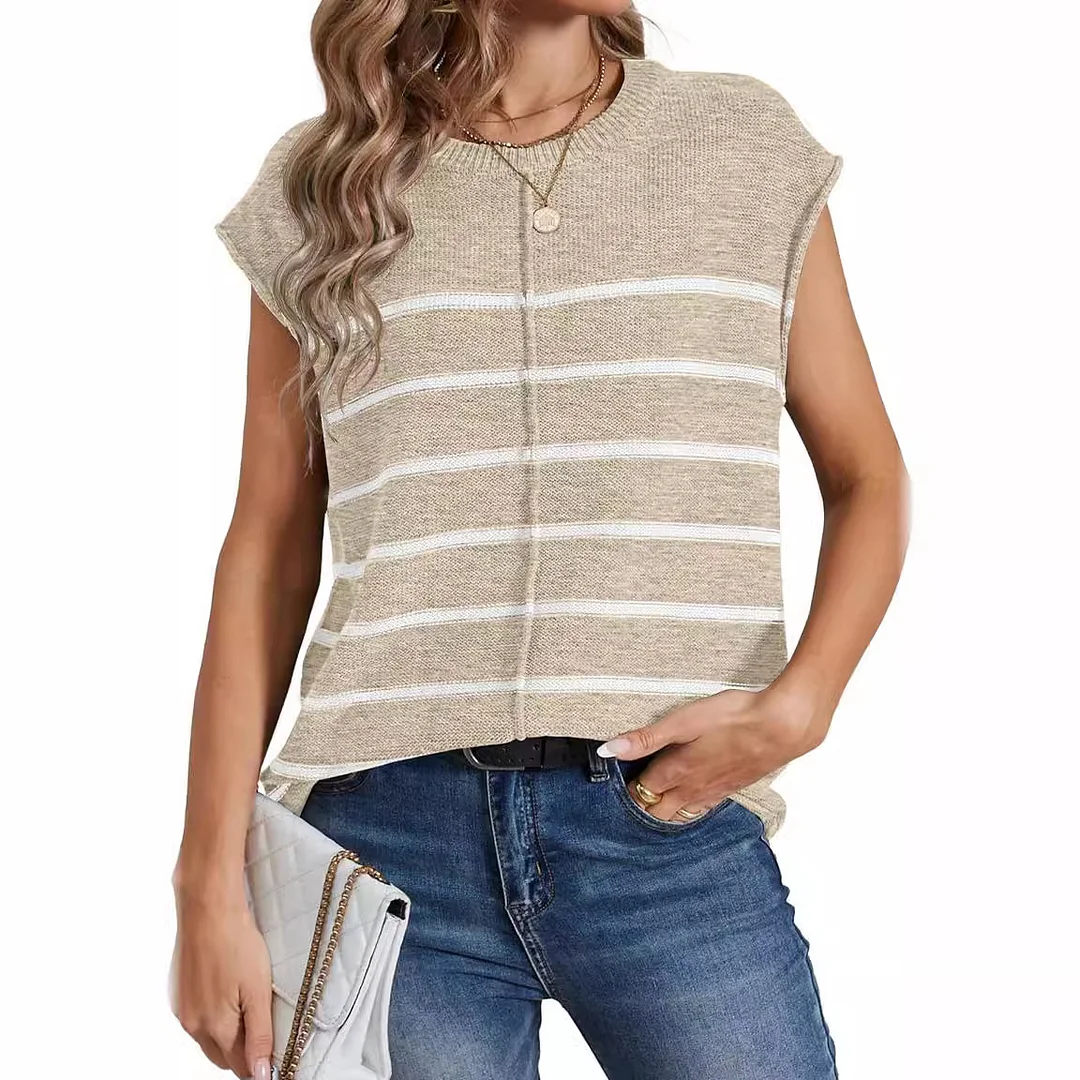 Wongn Wongn Women's Knit Sweater Vest Sleeveless Jumper Striped Seam Bone Stitching Casual Women's Top