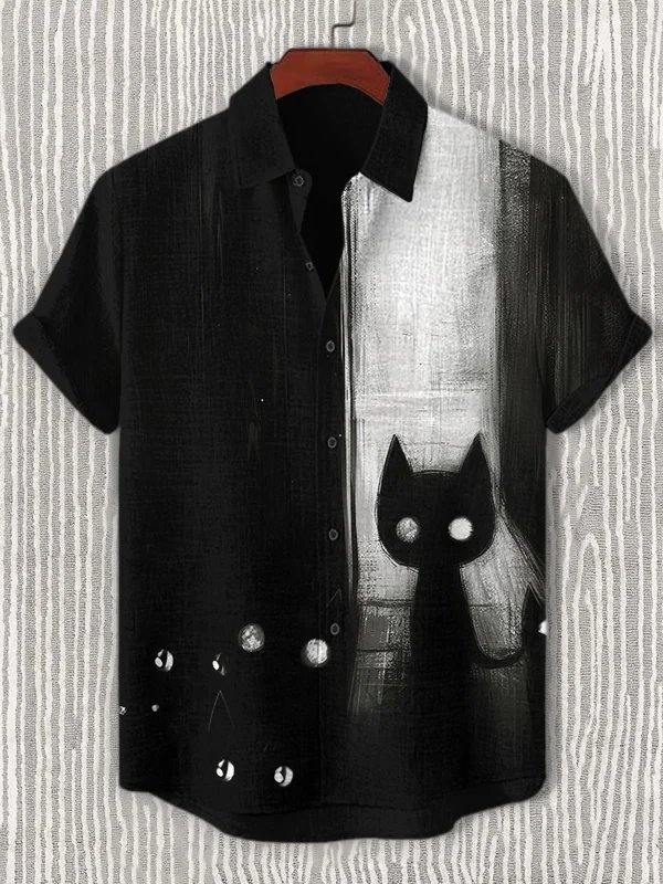 Men's Spooky Black Cat Print Mystery Halloween Casual Short Sleeve Shirt