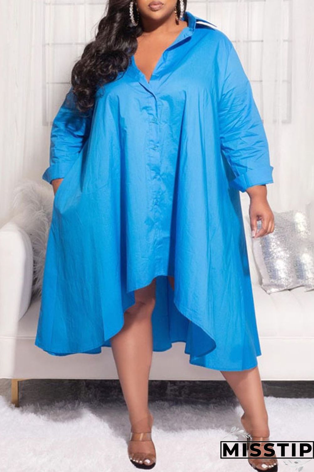 Purple Casual Solid Patchwork Buckle Asymmetrical Turndown Collar Shirt Dress Plus Size