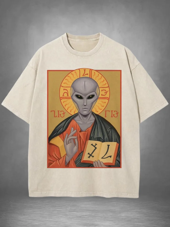 Men's Funny Alien Illustration Print Cotton Washed T-Shirt