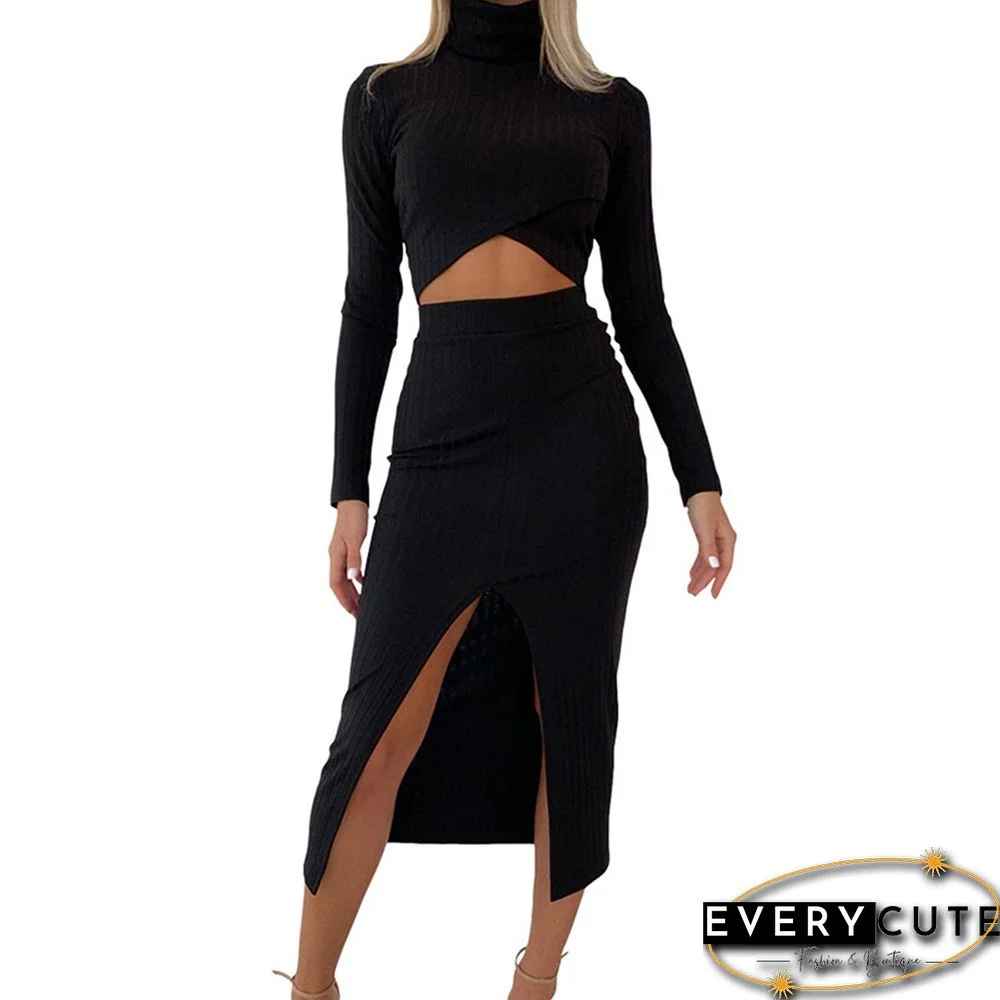 Black Long Sleeve Crop Top and Split Skirt Set