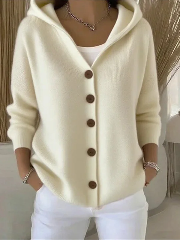 Athvotar Athvotar Knitted Hooded Sweater Button Open Shirt Jacket Autumn And Winter New Solid Color Casual Fashion Sweater