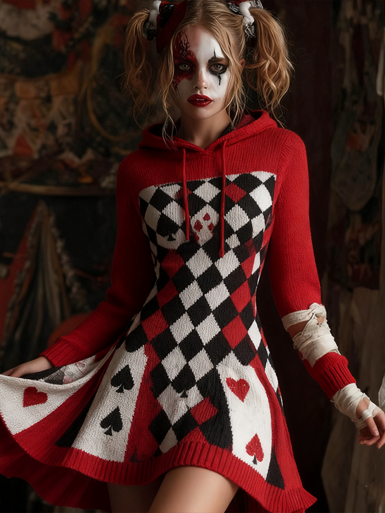 Comstylish Women's Halloween Card Game Clown Retro Knitted Sweater Dress