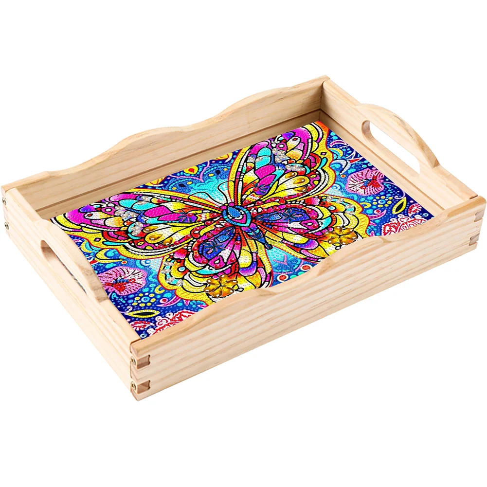 DIY Butterfly Pattern Wooden Diamond Painting Table Serving Tray with Handle