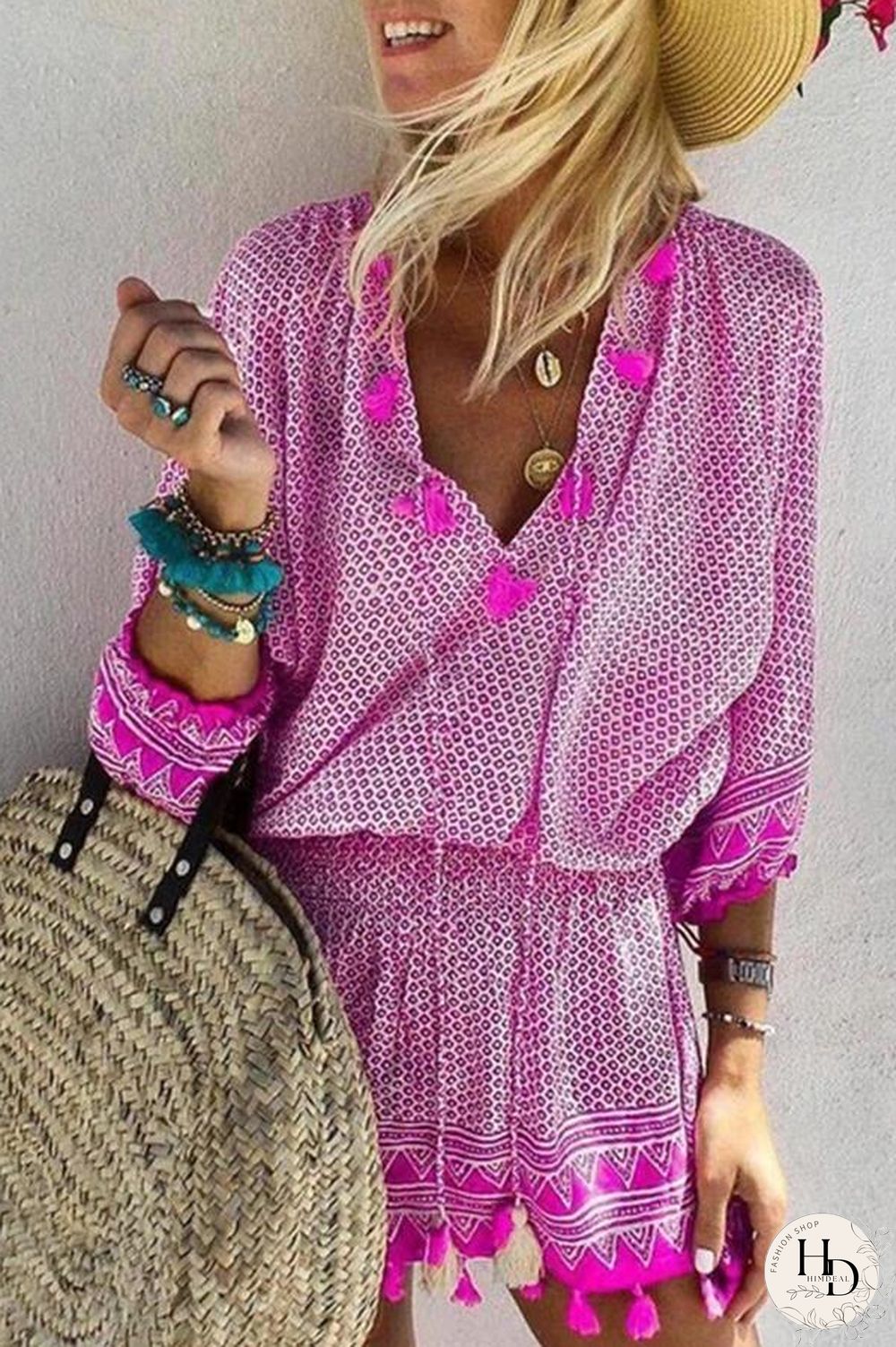 V-neck 3/4 Sleeve Beach Mini Dress (6 Colors) P16204