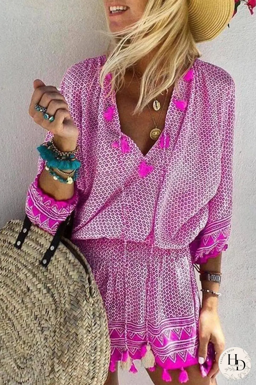 V-neck 3/4 Sleeve Beach Mini Dress (6 Colors) P16204