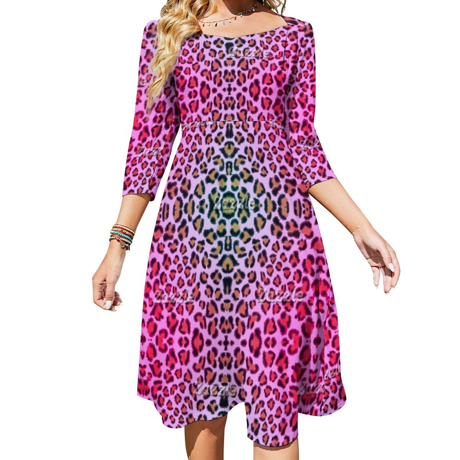 Funky Pink And Orange Leopard Cheetah Pattern Dress Sweetheart Tie Back Flared 3/4 Sleeve Midi Dresses