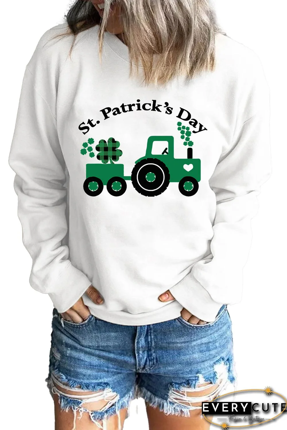 White St. Patrick's Day Graphic Print Long Sleeve Sweatshirt