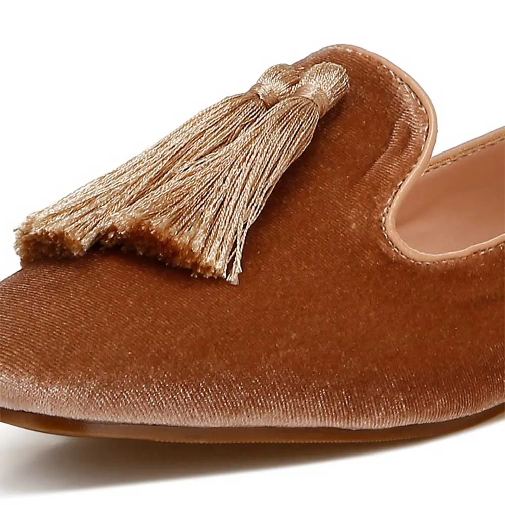 Brown Velvet Tassel Accent Casual Flat Women's Loafers By YDN