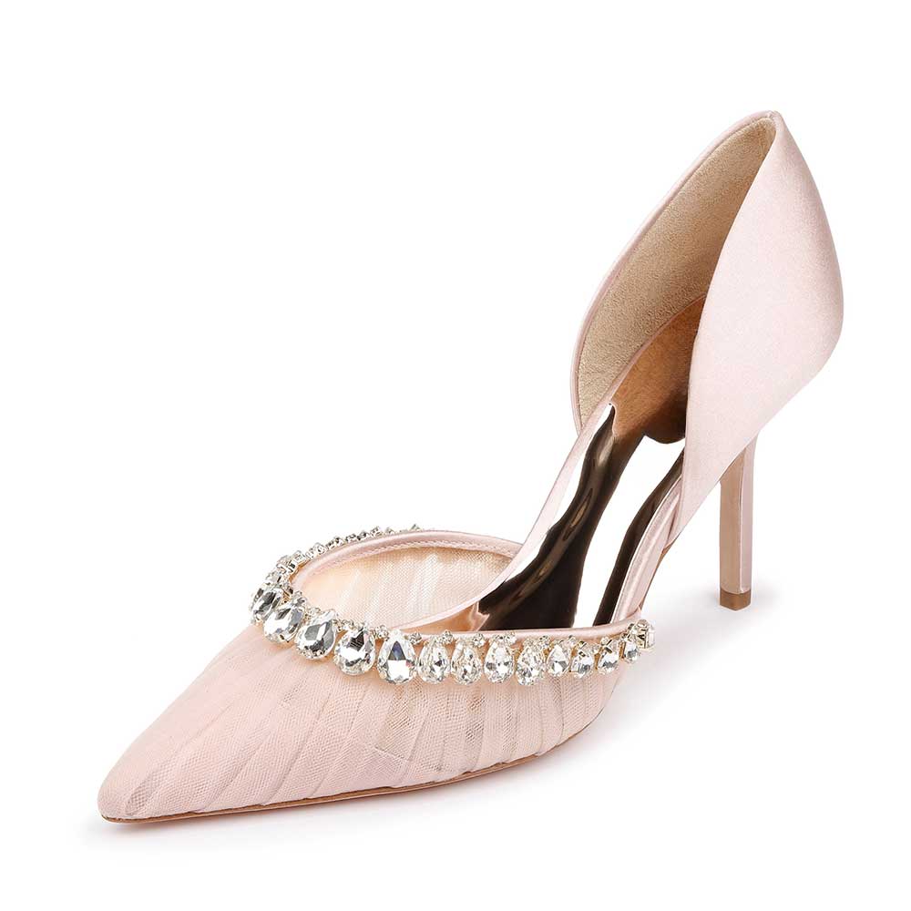 Pink Mesh Satin Pointed-Toe Stiletto Heel Pumps Shoes with Crystal Nicepairs
