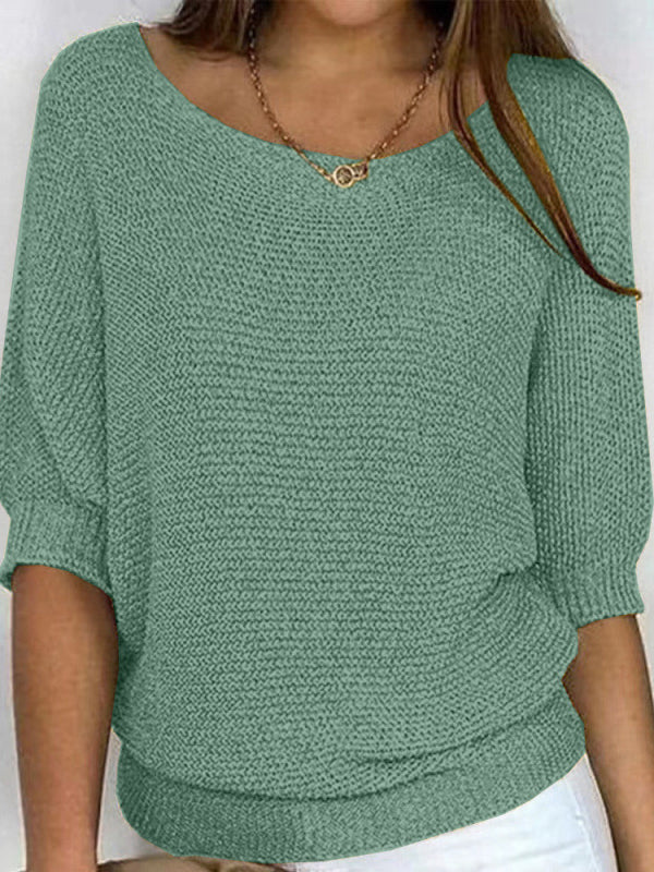 Solid Color Crew Neck Sweater For Women Elegant 3/4 Bat Sleeve Top