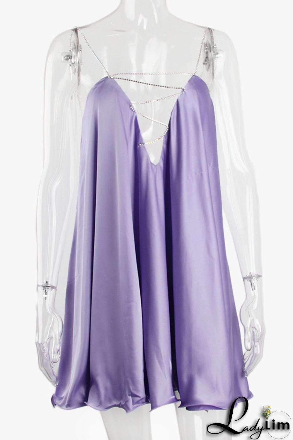 Light Blue Sexy Solid Patchwork Chains Asymmetrical Spaghetti Strap A Line Dresses