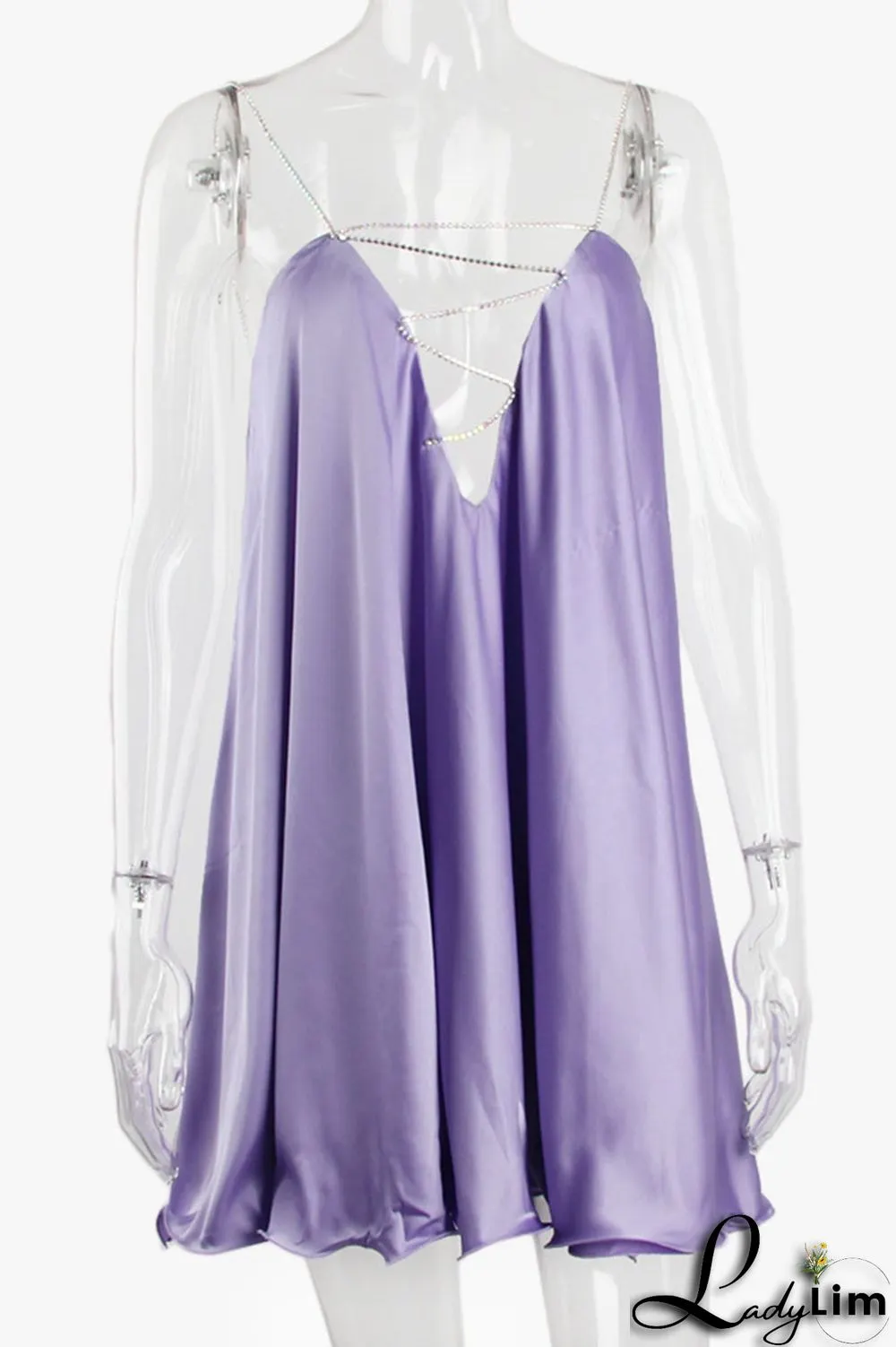 Light Blue Sexy Solid Patchwork Chains Asymmetrical Spaghetti Strap A Line Dresses