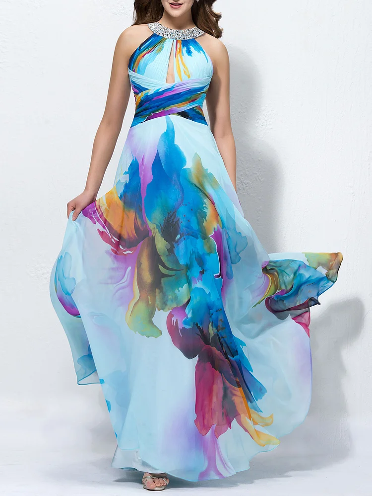 Elegant Tie Dye Halter Neck Jewel With Sequin Maxi Dress