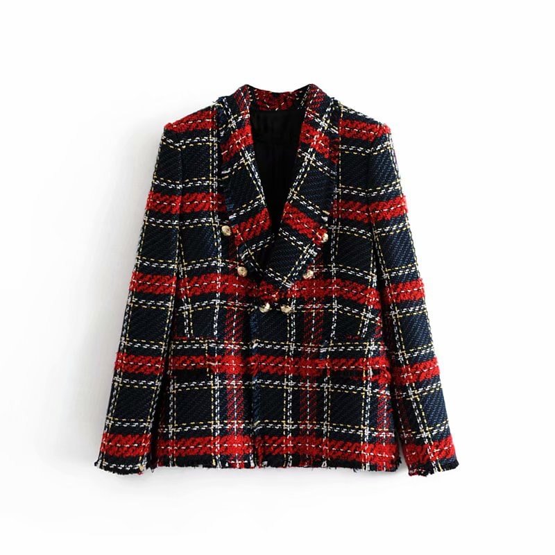 KPYTOMOA Women 2021 Fashion Double Breasted Frayed Check Tweed Blazers Coat Women Vintage Long Sleeve Female Outerwear Chic Tops