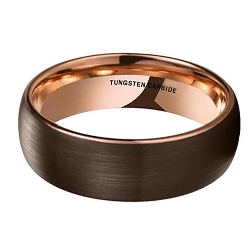 6MM 8MM Women's Or Men's Tungsten Carbide Wedding Rings Brown with Matte Finish Top with Inside Rose Gold Comfort Fit Domed Top