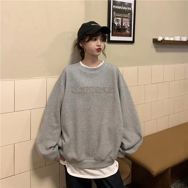 French Vintage Full Sleeve Sweatshirt Streetwear 2021 New Trendy Loose Fake Two Pullover 90s Embroidered Round Neck Women Hoodie