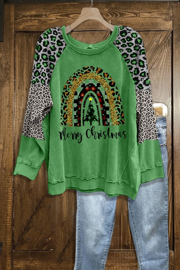 Casual Leopard Patchwork Christmas Print Sweatshirt