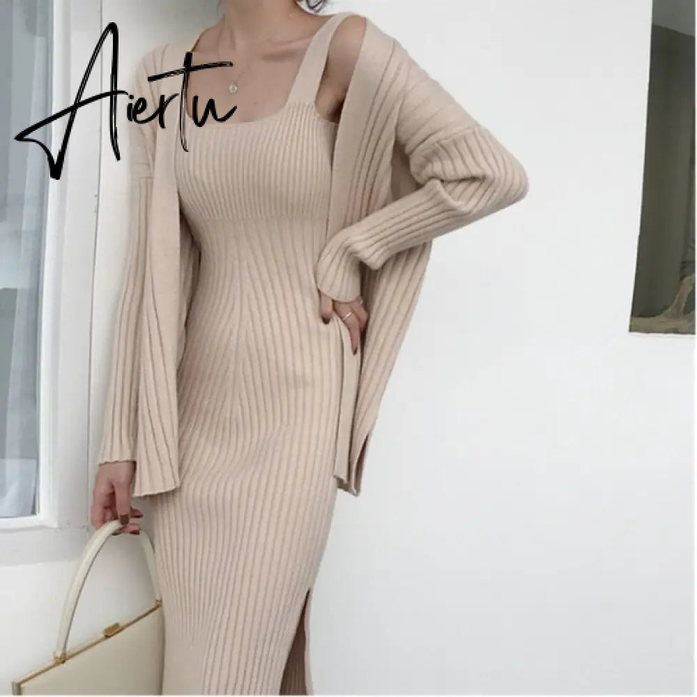 New High Quality Winter Women's Casual Long Sleeved Cardigan + Suspenders Sweater Vest Two Piece Runway Dresses Suit Aiertu