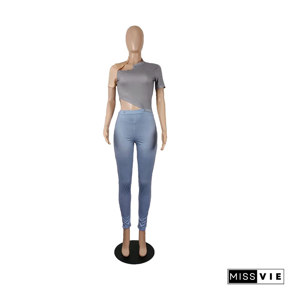 Patchwork Short Sleeve Streetwear One Piece Jumpsuit