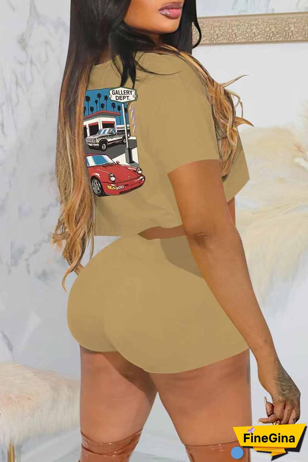 Black Casual Print Letter O Neck Short Sleeve Two Pieces