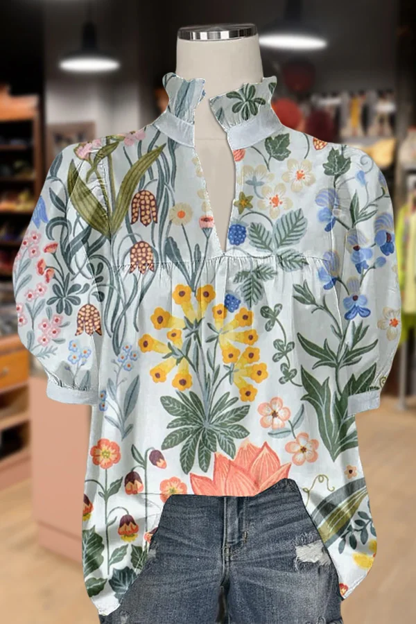 Multi Floral Print Puff Sleeve Top