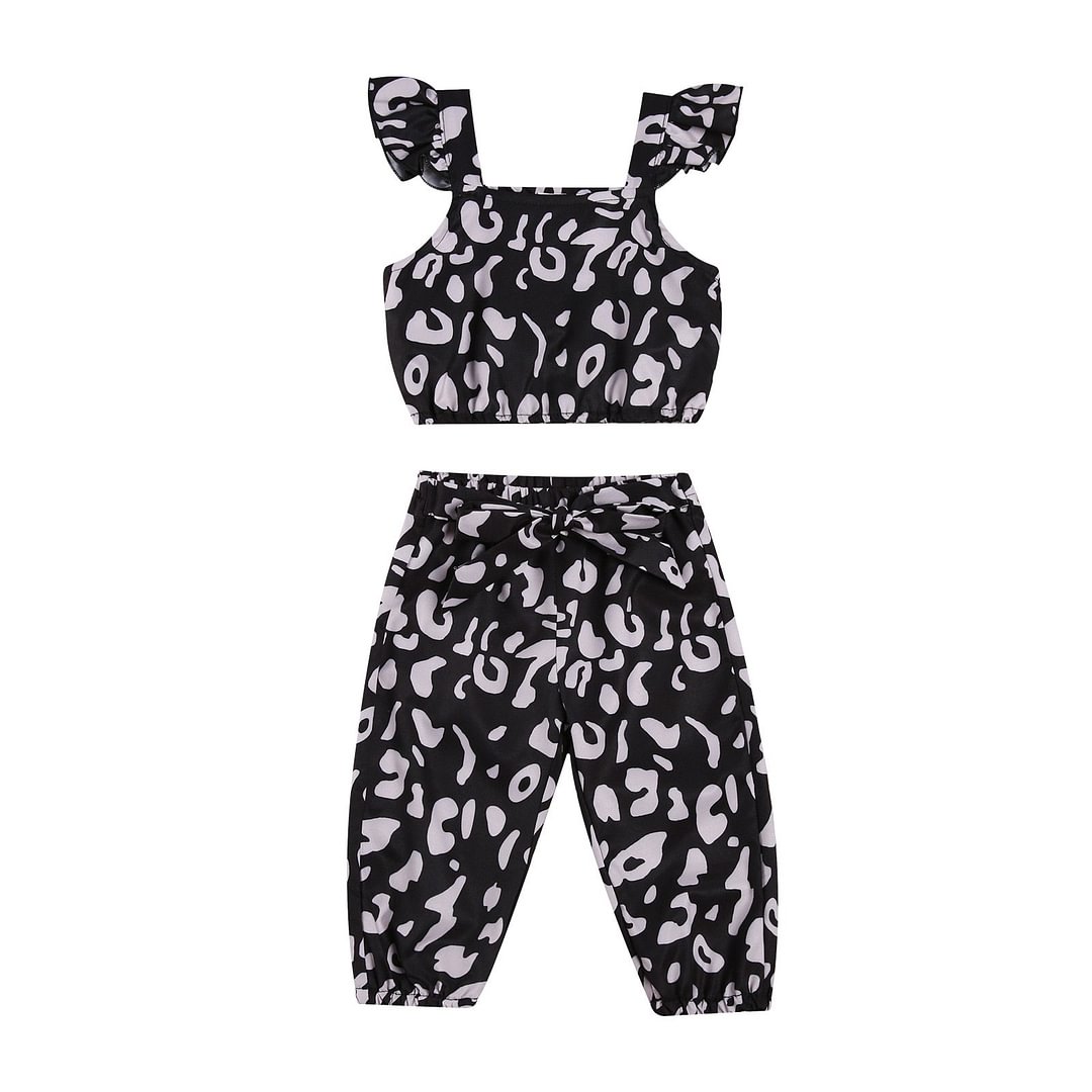Kids Baby Girls Leopard Suit, Sleeveless Round Neck Top Elastic Head Bowknot Waist Long Pants for Summer 1-5T