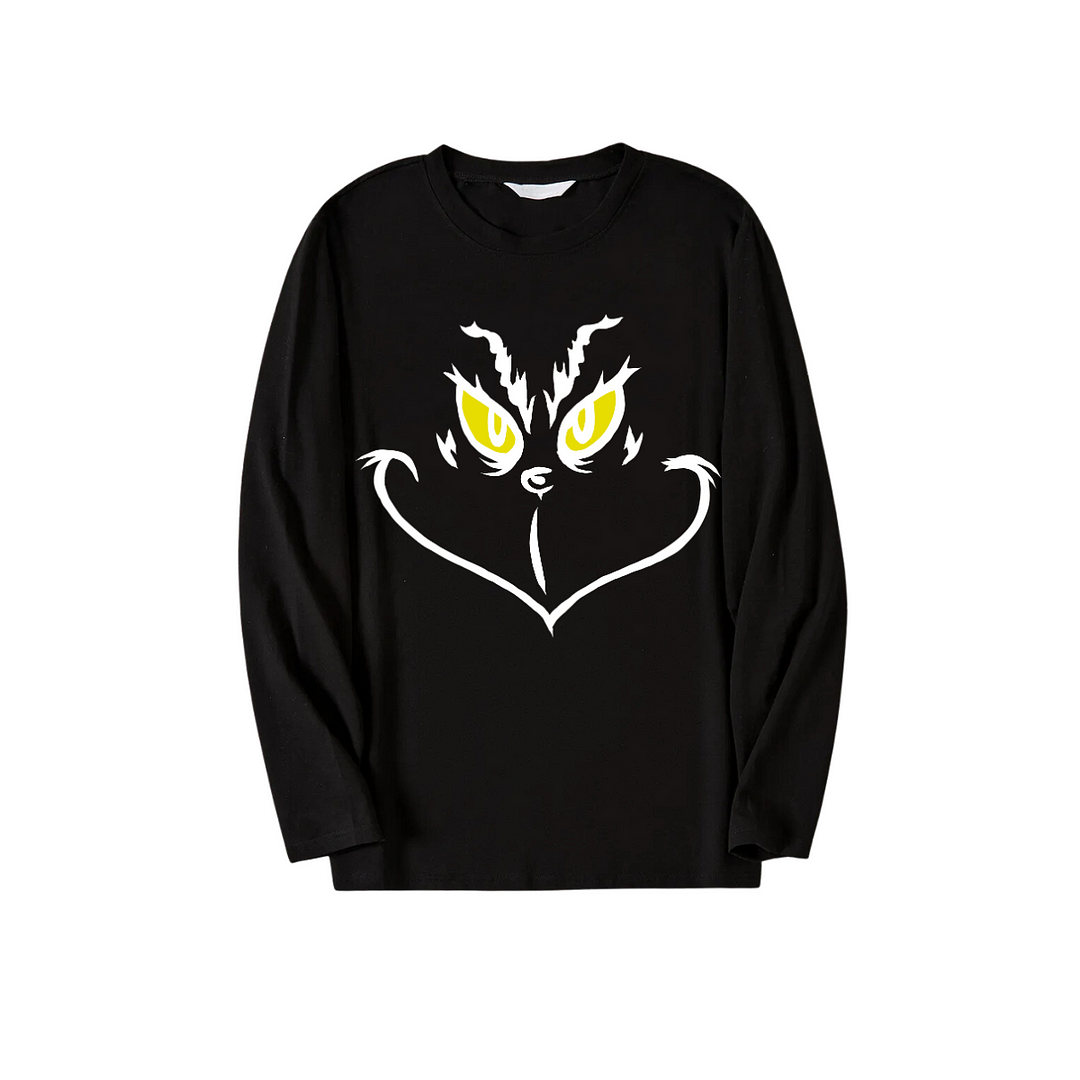 Christmas Cartoon Face Print Black Long Sleeve Top with Green and Black Plaid Family Matching Pajamas