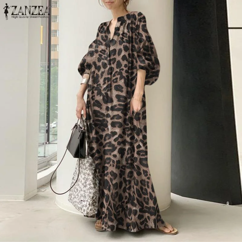 Fashion Printed Maxi Dress Women's Leopard Sundress 2022 ZANZEA Spring Puff Sleeve Long Vestidos Female V Neck Robe Oversize