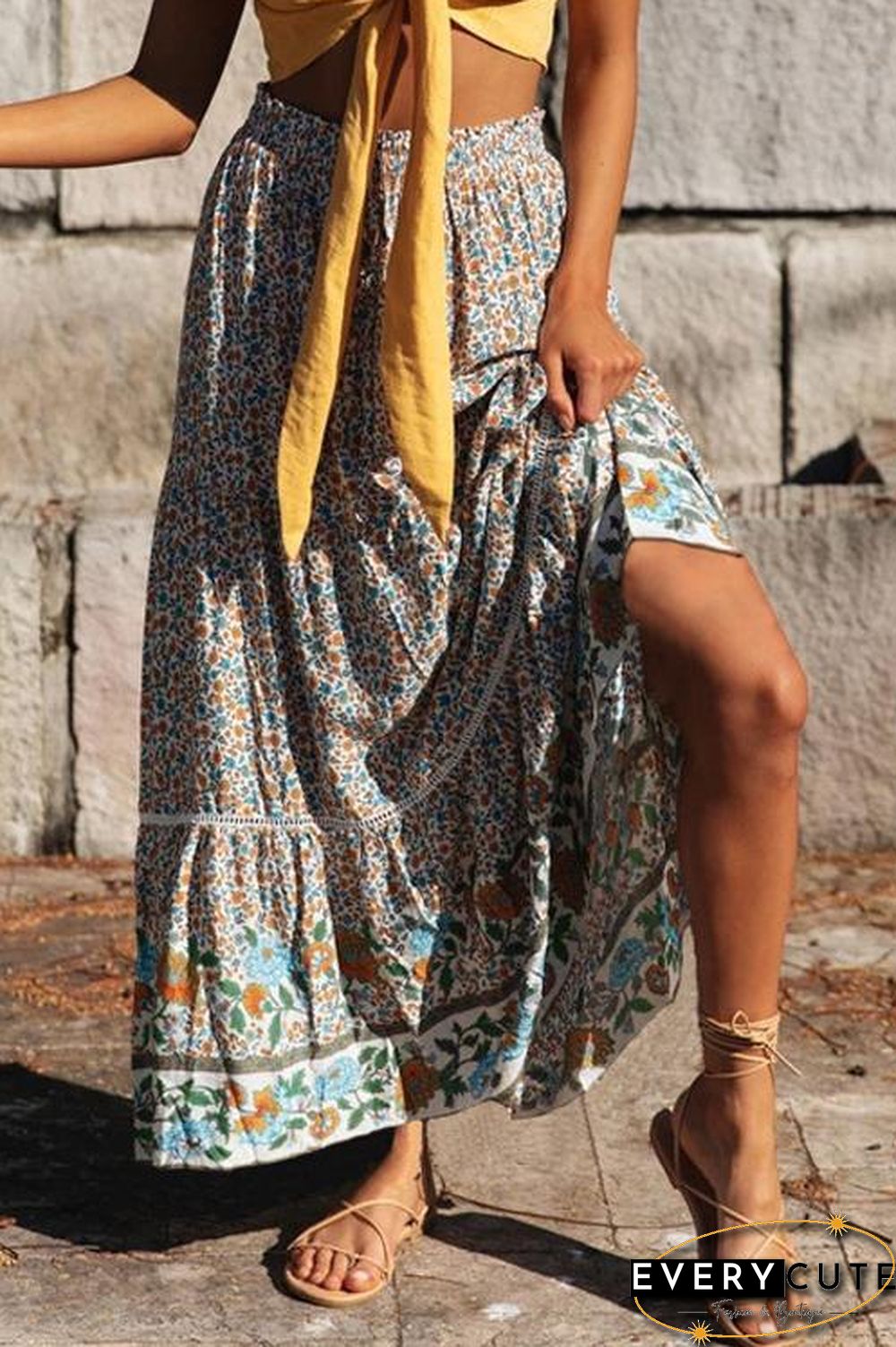 Floral Print Drawstring Waist Maxi Skirts