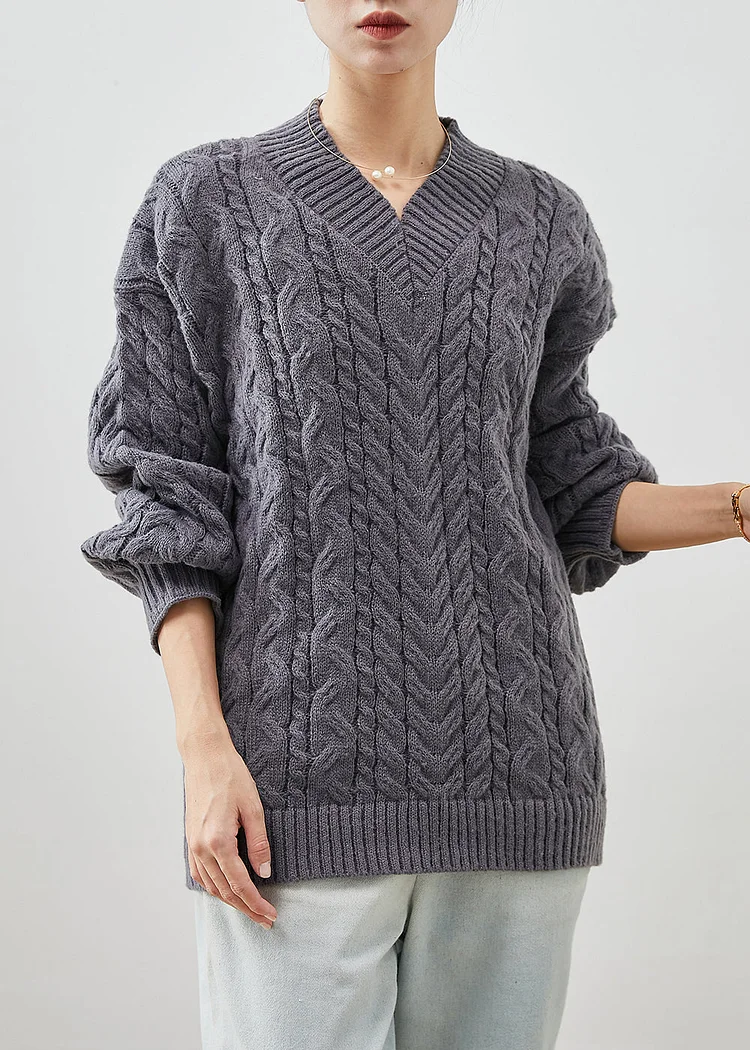 Cozy Grey V Neck Thick Cable Knit Sweater Tops Winter