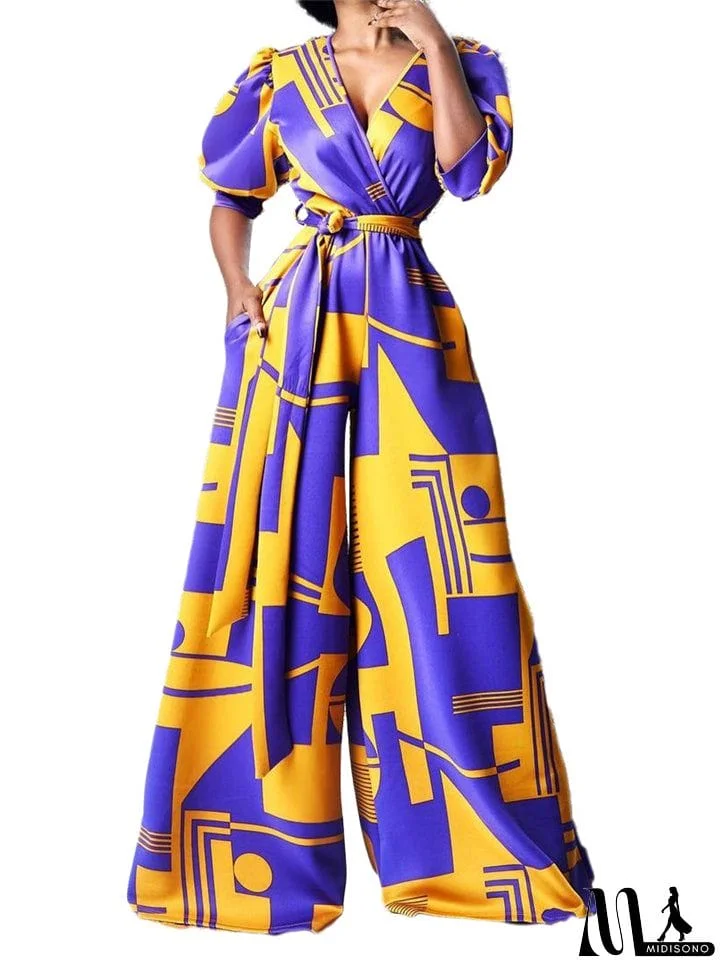 MidiSono - Loose Fit Wrap V Neck Short Sleeve Waist Tie Fastening Wide-Leg Full-Length Jumpsuit