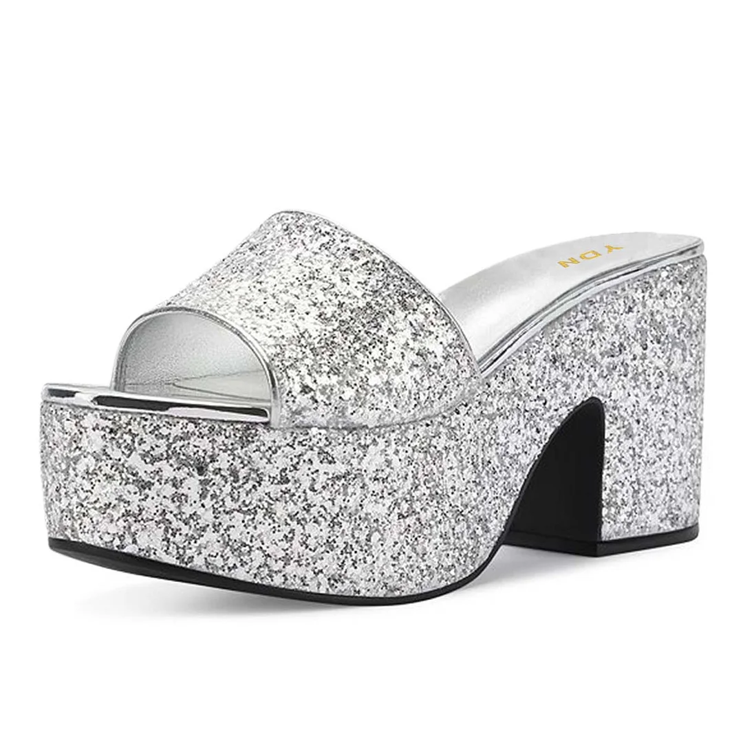 Dazzling Silver Glitter Open Toe Chunky Heel Platform Slide Sandals
