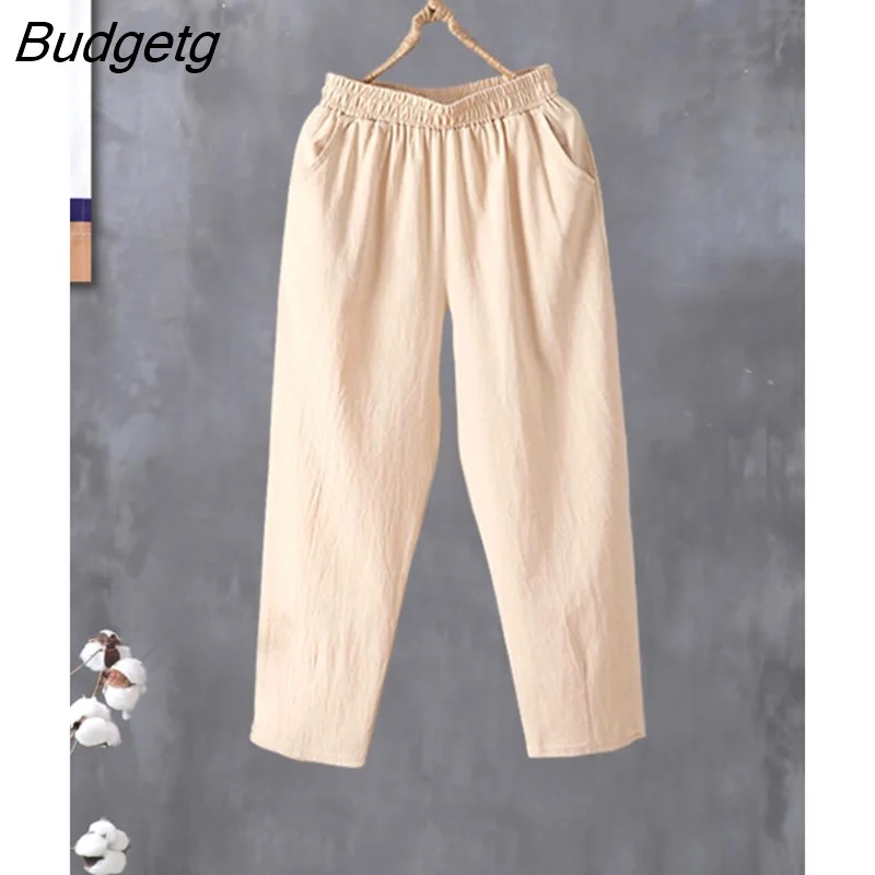 Budgetg Fashion Woman Pants Casual Cotton Linen Harem Pants LOOSE Solid Ankle-Length Pants Elastic Waist Women's Summer Breeches