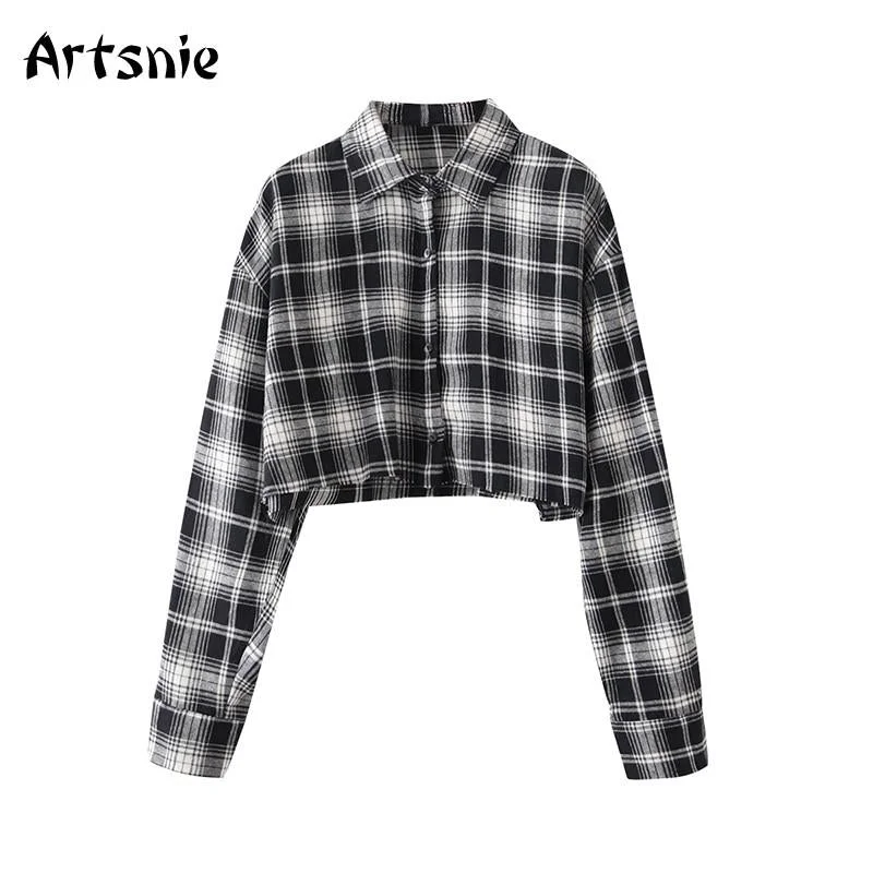 Artsnie Spring 2019 Green Plaid Casual Blouse Women Turn Down Collar Cropped Feminino Streetwear Crop Tops Shirt Blusas Mujer