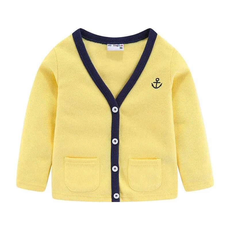 Mudkingdom Children Knit Cardigan Anchor Embroidery V-Neck Spring Autumn Sweater Baby Boy Clothes Winter